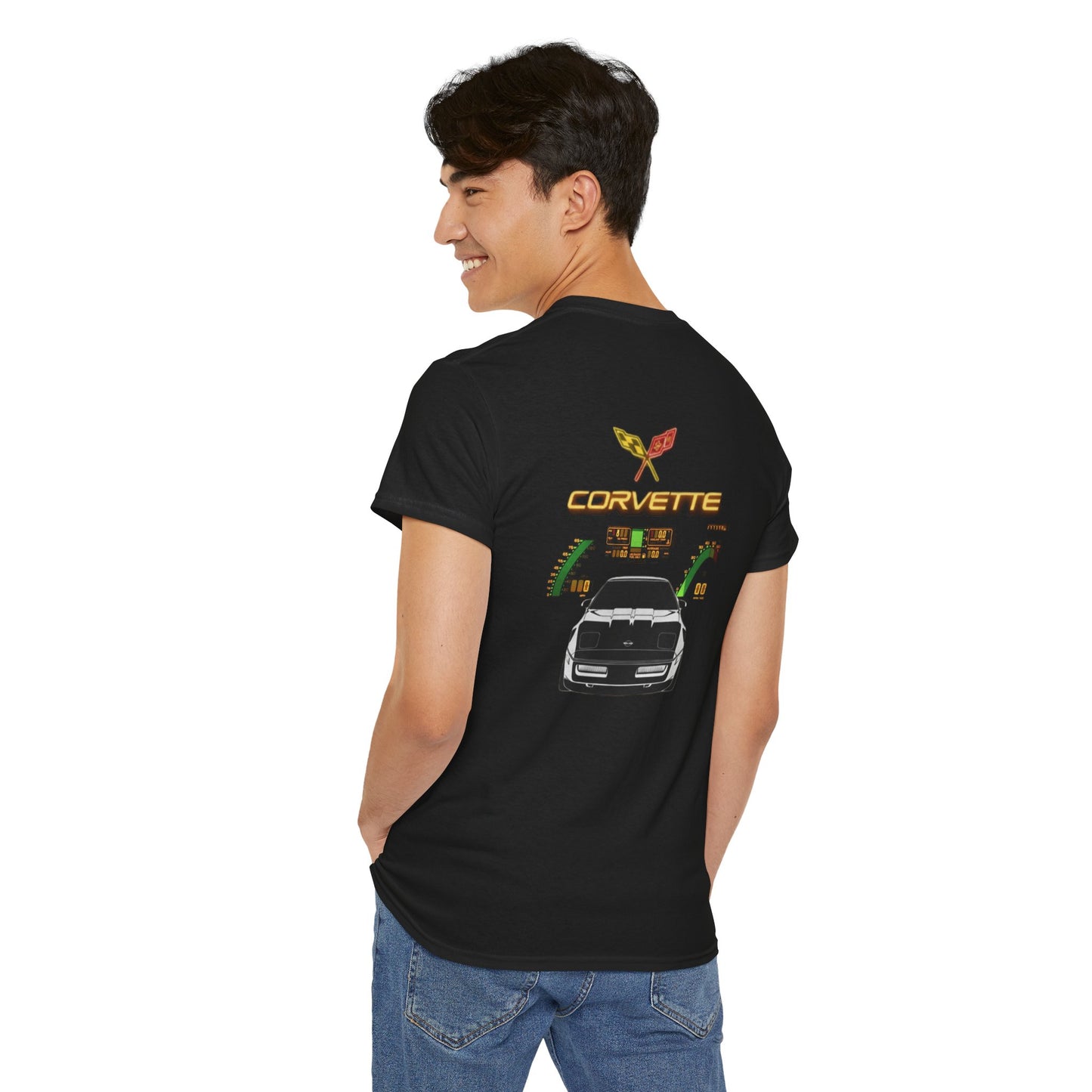 Corvette Classic Car Tee — Front Logo & Rear Sports Car Graphic